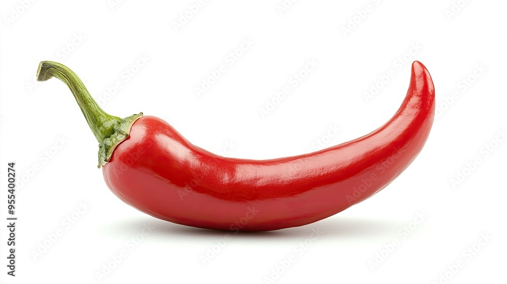 A curved red hot chili pepper, isolated on white, capturing its bold shape and color. A curved red hot chili pepper, isolated on white, capturing its bold shape and color.