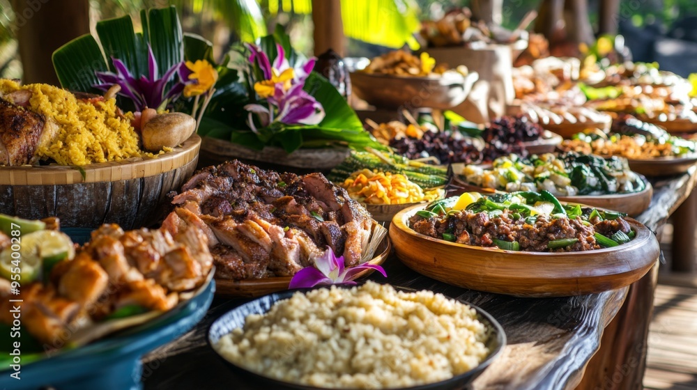 A traditional Hawaiian luau feast, with tables laden with kalua pig, poi, lomi lomi salmon, and other delicious island dishes. A traditional Hawaiian luau feast, with tables laden with kalua pig, poi, lomi lomi salmon, and other delicious island dishes.