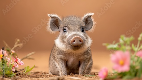 Fototapeta Naklejka Na Ścianę i Meble -  Adorable baby warthog in an African bush