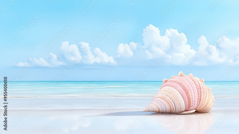 A beautiful seashell rests on a serene beach, with gentle waves and a clear blue sky, evoking a tranquil coastal atmosphere. A beautiful seashell rests on a serene beach, with gentle waves and a clear blue sky, evoking a tranquil coastal atmosphere.
