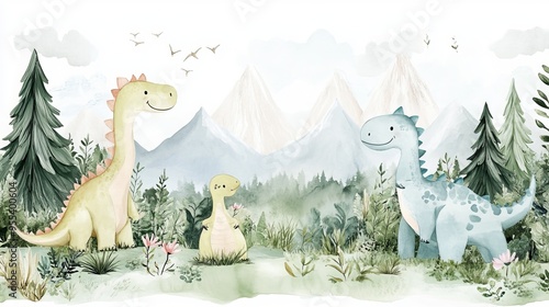 Adorable baby poster featuring playful dinosaurs amidst a serene mountain landscape in pastel hues. A whimsical hand-drawn illustration adds a touch of bohemian flair