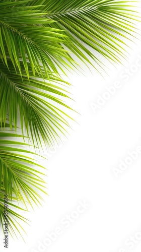 Delicate teal palm leaves frame the top of a clean white background, providing a minimalist aesthetic with plenty of empty space suitable for text or graphics