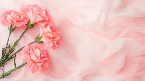 Delicate pink carnations arranged on soft fabric, creating a romantic and elegant atmosphere perfect for any style.