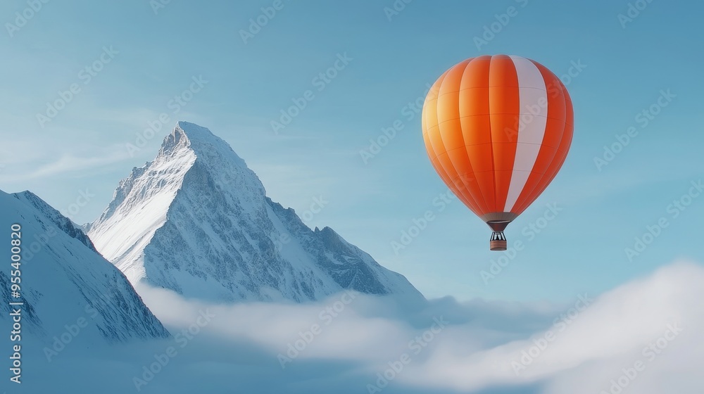 A vibrant orange and white hot air balloon gracefully ascends over a breathtaking landscape of snow-capped mountains, symbolizing dreams, aspirations, adventure, freedom, and a journey towards new hor A vibrant orange and white hot air balloon gracefully ascends over a breathtaking landscape of snow-capped mountains, symbolizing dreams, aspirations, adventure, freedom, and a journey towards new hor