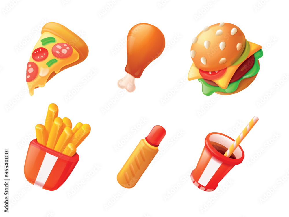 Fast food render. 3d fastfood unhealthy meal, burger pizza potatoes fries hot drink hotdog hamburger restaurant snack, isolated cartoon realistic icons exact vector illustration Fast food render. 3d fastfood unhealthy meal, burger pizza potatoes fries hot drink hotdog hamburger restaurant snack, isolated cartoon realistic icons exact vector illustration