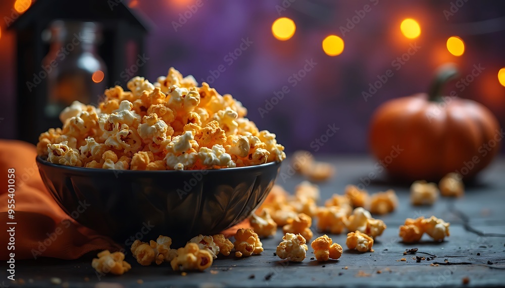 Halloween popcorn mix featuring candy corn, chocolate bats, and gummy worms, arranged in a festive bowl with glowing decorations Halloween popcorn mix featuring candy corn, chocolate bats, and gummy worms, arranged in a festive bowl with glowing decorations