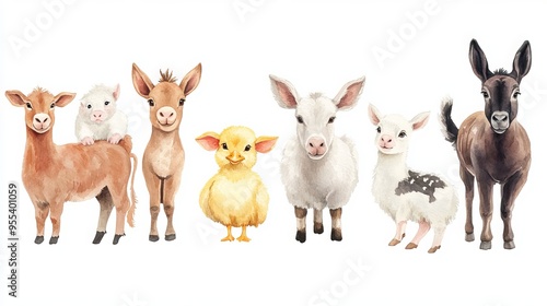 Adorable domestic animals depicted in a vibrant watercolor illustration. A playful foal, a cuddly piggy, a fluffy chicken, a loyal dog, a curious duckling, a woolly sheep, a mischievous goat