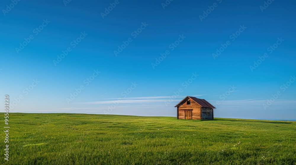 A quaint wooden hut situated in the middle of a lush green meadow, under a clear and expansive blue summer sky. A quaint wooden hut situated in the middle of a lush green meadow, under a clear and expansive blue summer sky.