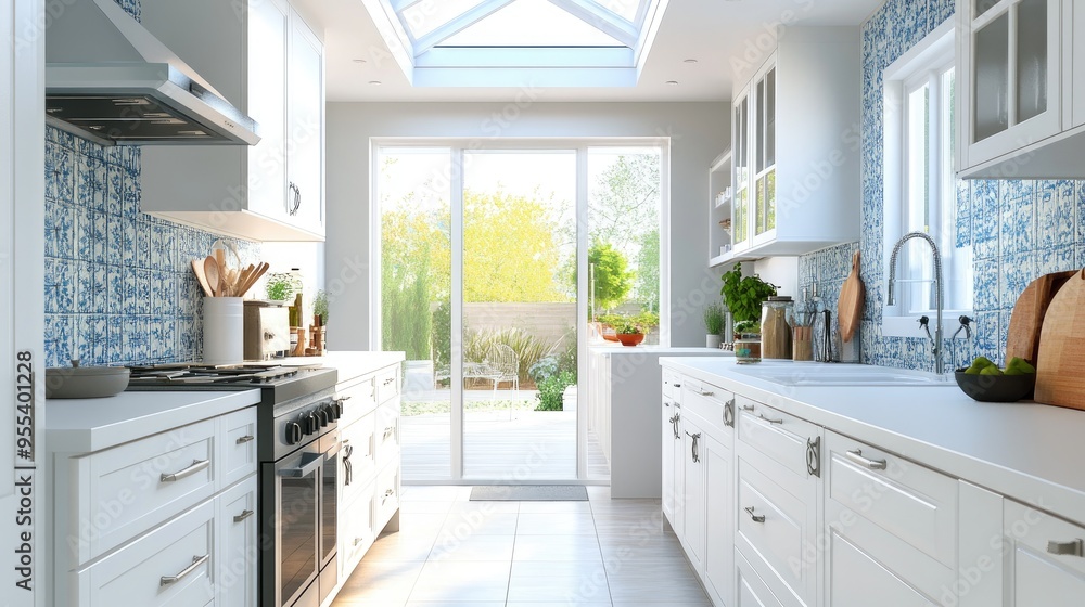 Fototapeta premium A bright kitchen with a skylight, white cabinets, and a pop of color from the backsplash tiles.