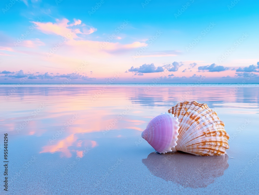 A beautiful seashell rests on the tranquil beach, reflecting pastel hues of the sky and calm water during sunset. A beautiful seashell rests on the tranquil beach, reflecting pastel hues of the sky and calm water during sunset.
