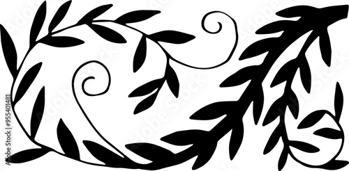 Decorative elements of curls with leaves. Vector illustration. Hand drawing.	
