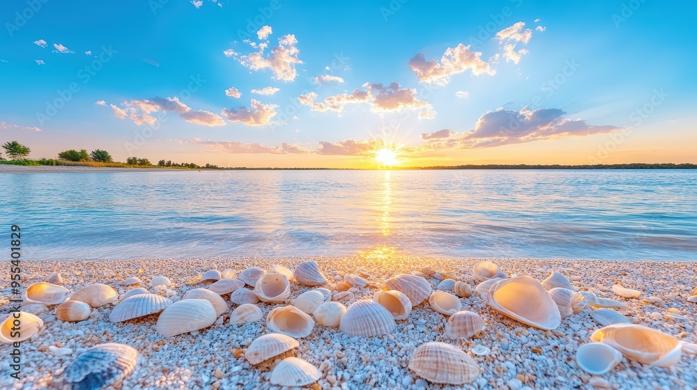 Obraz premium A beautiful sunset over calm waters, featuring seashells on a sandy beach, creating a serene and picturesque coastal scene.