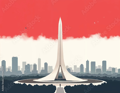 a poster for heroes day with national monument in Jakarta with faded indonesian flag in sky