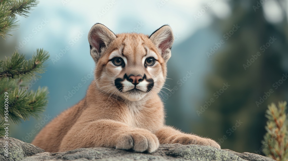 Obraz premium Cute baby cougar in a rocky mountain scene