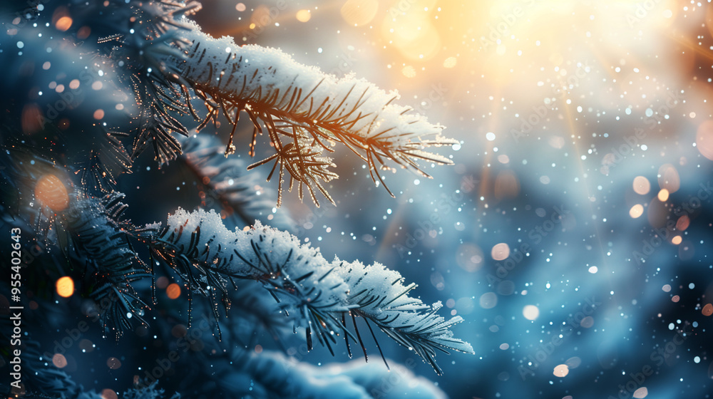 Christmas and New Year seasonal template background design with copy space for social media post. Snowy pine tree in blue color tone on bokeh background. Christmas and New Year seasonal template background design with copy space for social media post. Snowy pine tree in blue color tone on bokeh background.