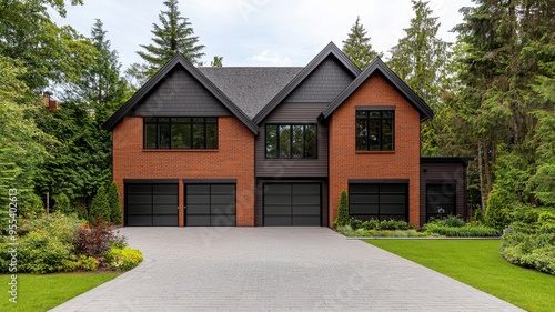 Modern brick house with large windows and a driveway surrounded by trees, offering a serene and stylish residential atmosphere.