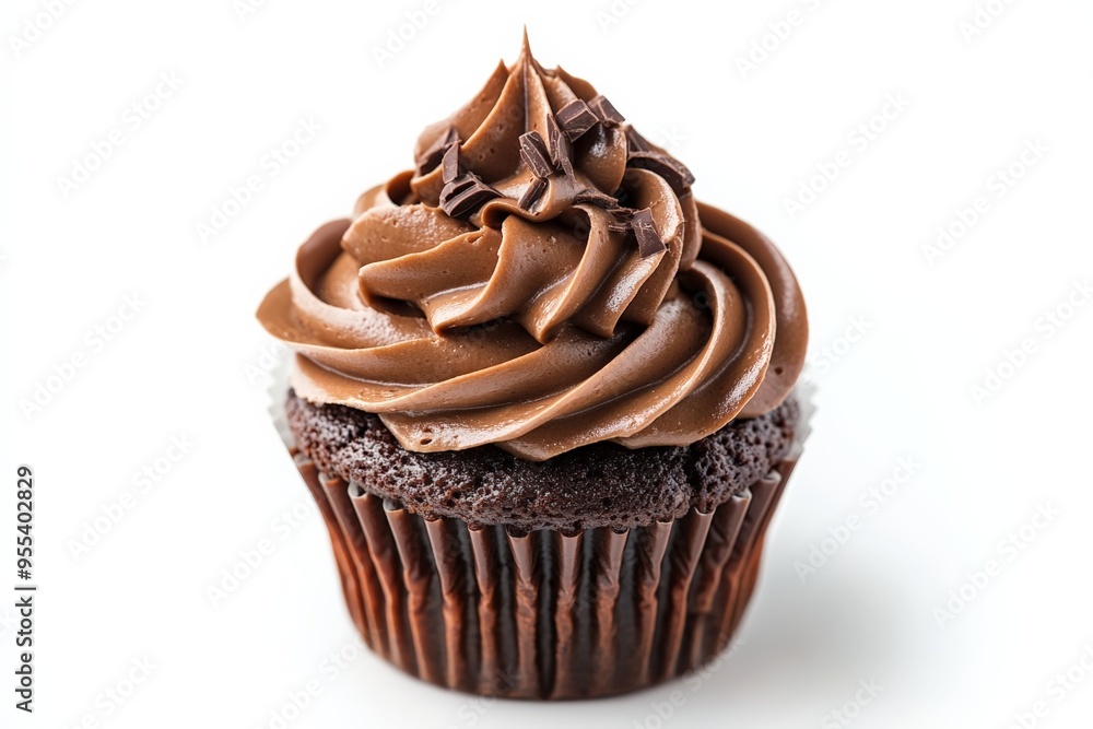 Chocolate cupcake topped with creamy frosting and chocolate shavings. Chocolate cupcake topped with creamy frosting and chocolate shavings.