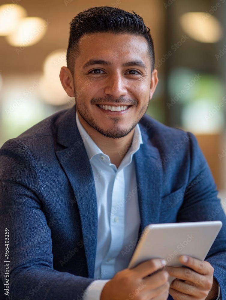 Businessman Smiling at Tablet Businessman Smiling at Tablet