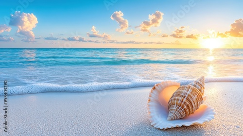 Fototapeta Naklejka Na Ścianę i Meble -  A serene beach scene at sunset featuring a beautiful shell on the sand with gentle waves in the background.
