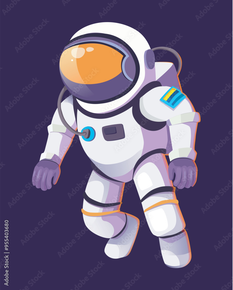 Astronaut character in a space suit floating among the stars in the dark void of space flat vector illustration bright colors and a sense of exploration and adventure