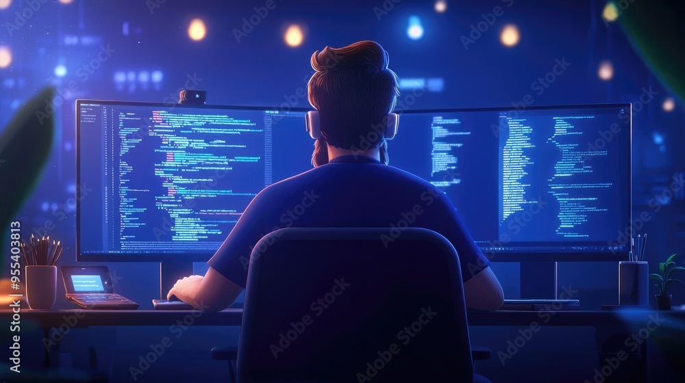 A focused programmer coding at multiple screens, illuminated by monitor lights, embodying the future of technology and innovation. A focused programmer coding at multiple screens, illuminated by monitor lights, embodying the future of technology and innovation.