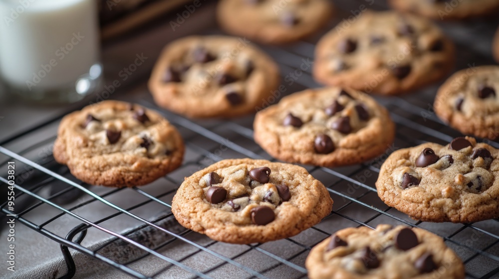 A tray of homemade cookies cooling on a wire rack, with golden edges and gooey chocolate chips, ready to be enjoyed with a glass of milk. A tray of homemade cookies cooling on a wire rack, with golden edges and gooey chocolate chips, ready to be enjoyed with a glass of milk.