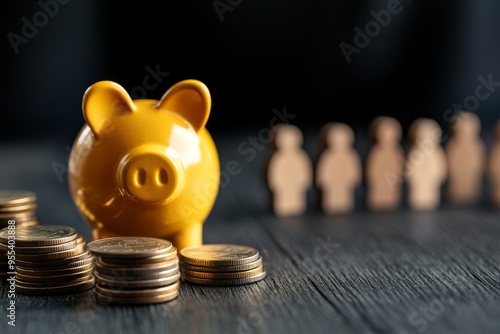 A yellow piggy bank sits in front of a row of wooden figures, symbolizing financial growth, savings, security, and achieving financial goals.