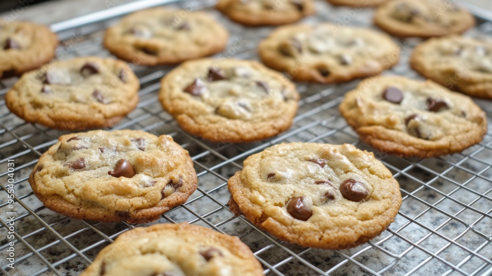 A tray of homemade cookies cooling on a wire rack, with golden edges and gooey chocolate chips, ready to be enjoyed with a glass of milk. A tray of homemade cookies cooling on a wire rack, with golden edges and gooey chocolate chips, ready to be enjoyed with a glass of milk.