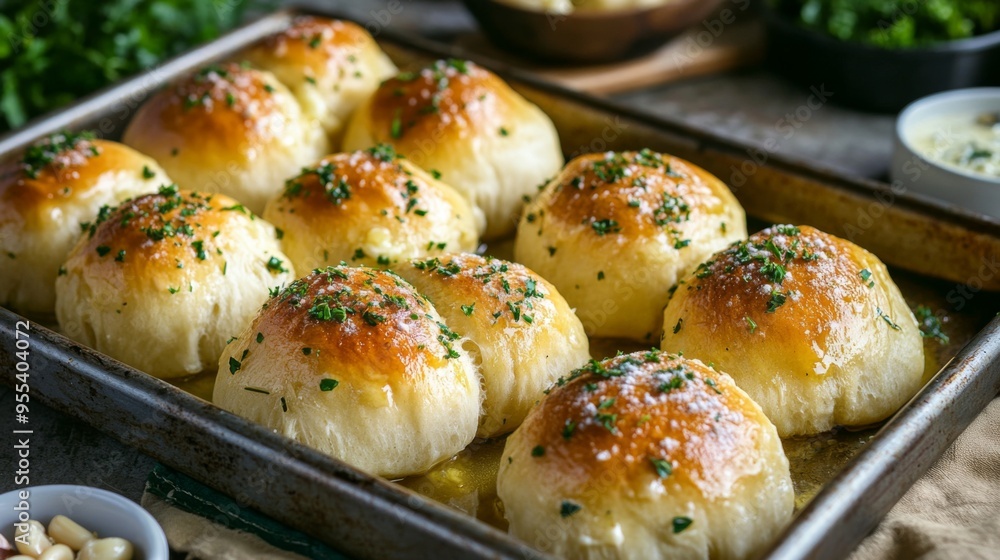 A tray of soft and pillowy dinner rolls, brushed with melted butter and sprinkled with garlic and herbs, perfect for serving alongside a meal. A tray of soft and pillowy dinner rolls, brushed with melted butter and sprinkled with garlic and herbs, perfect for serving alongside a meal.