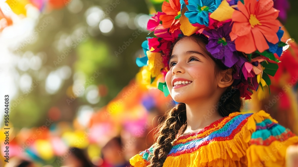 A young girl, adorned in a vibrant floral crown and a colorful traditional outfit, beams with happiness, symbolizing joy, celebration, cultural heritage, innocence, and festivity. A young girl, adorned in a vibrant floral crown and a colorful traditional outfit, beams with happiness, symbolizing joy, celebration, cultural heritage, innocence, and festivity.