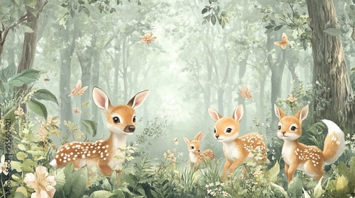 Fototapeta Naklejka Na Ścianę i Meble -  Bring the magic of the forest into your child's room with this enchanting wallpaper mural. Featuring adorable animals like deer, foxes, and bunnies frolicking amidst lush greenery
