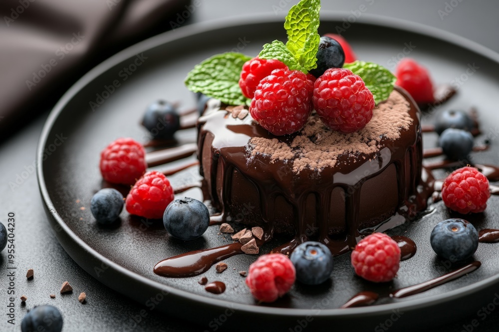 Decadent chocolate dessert garnished with fresh berries and mint, dusted with powdered sugar. Decadent chocolate dessert garnished with fresh berries and mint, dusted with powdered sugar.