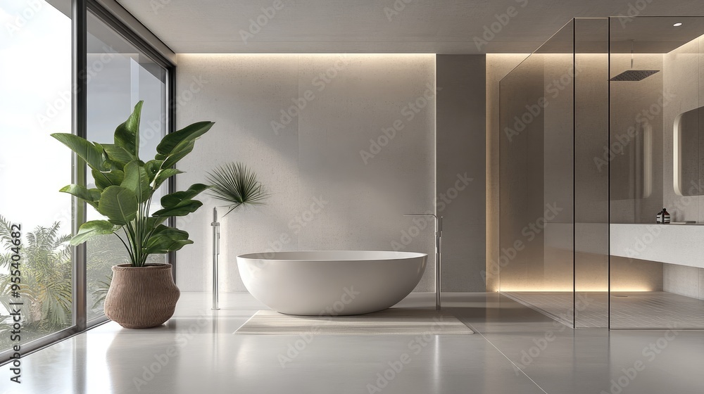 Fototapeta premium A chic bathroom with a glass-walled shower area and a standalone bathtub, surrounded by modern, minimalist decor.
