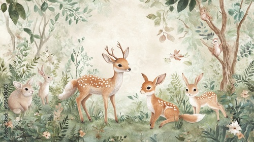 Bring the magic of the forest into your child's room with this enchanting wallpaper mural. Featuring adorable animals like deer, foxes, and bunnies frolicking amidst lush greenery