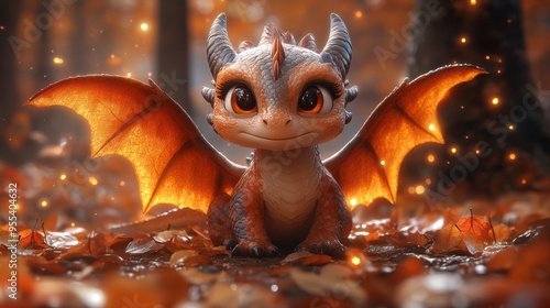 Charming dragon with big eyes among autumn leaves and fireflies, fantasy atmosphere photo