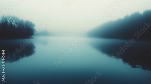 Serene Lake in Misty Landscape with Tranquil Reflection