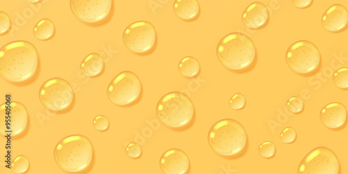 Oil drops background, yellow serum with bubbles, transparent honey droplets top view, realistic glossy liquid, moisturizing cosmetic product, hyaluronic acid concept. Vector illustration.