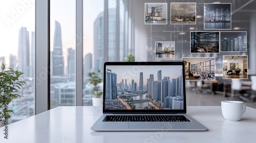 Wallpaper Mural This design showcases a collage of business-related visuals including office settings, technology devices, and a sunset cityscape, with central space available for text or logos. Torontodigital.ca