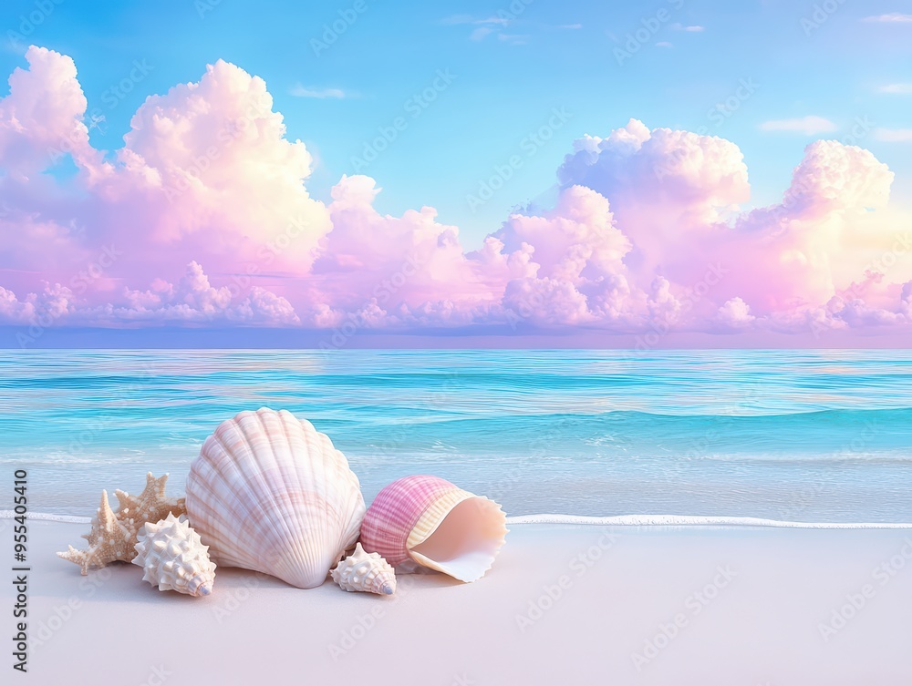 A serene beach scene featuring colorful seashells on soft sand, with gentle waves and a pastel sky. A serene beach scene featuring colorful seashells on soft sand, with gentle waves and a pastel sky.