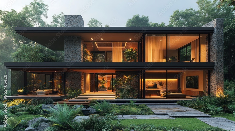 Modern house surrounded by lush greenery and natural light. Modern house surrounded by lush greenery and natural light.