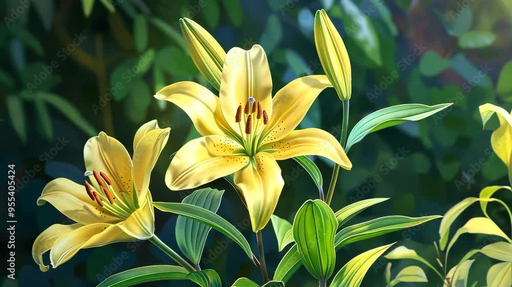 Yellow lilies in a sunlit garden, vibrant floral arrangement. Nature and botanical beauty concept Yellow lilies in a sunlit garden, vibrant floral arrangement. Nature and botanical beauty concept