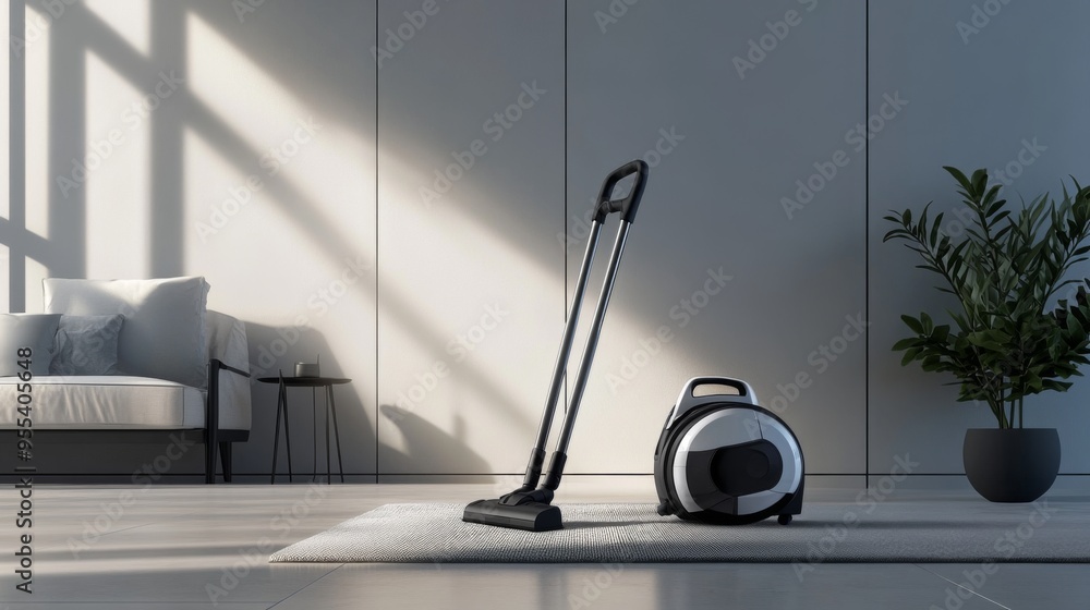 Fototapeta premium A vacuum cleaner in a minimalist home setting, such as a modern apartment with clean lines and stylish decor, illustrating its integration into a contemporary lifestyle