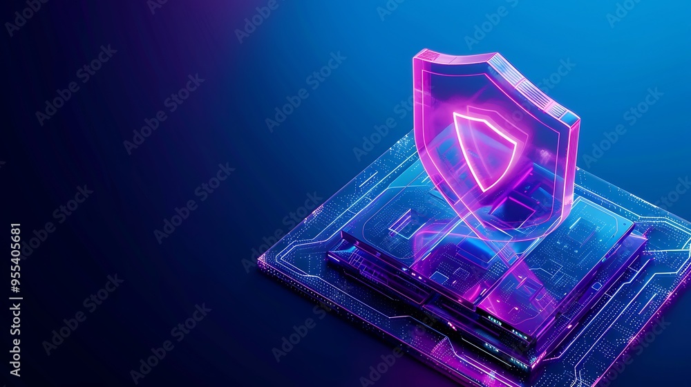 Digital shield on a motherboard representing cybersecurity and data protection in modern technology with vibrant colors and futuristic design. Digital shield on a motherboard representing cybersecurity and data protection in modern technology with vibrant colors and futuristic design.