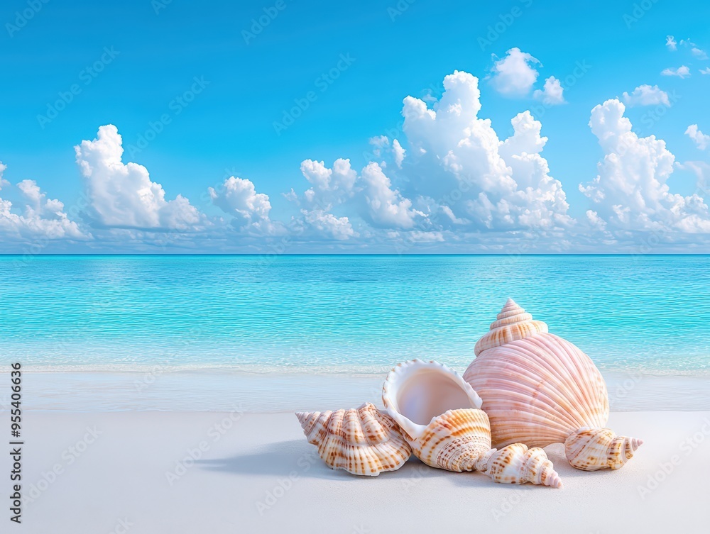 A serene beach scene featuring various seashells on soft sand, with a tranquil turquoise ocean and fluffy clouds in the background. A serene beach scene featuring various seashells on soft sand, with a tranquil turquoise ocean and fluffy clouds in the background.