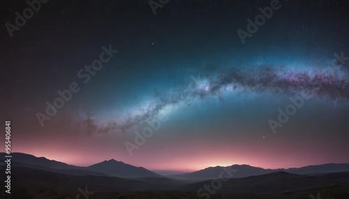 Silhouetted mountains against a purple and blue starry sky.