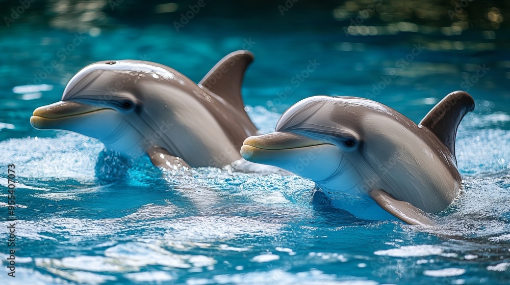 Obraz premium Dolphins, marine mammals renowned for their intelligence, exhibit playful and amiable behavior. Their sleek bodies, smooth skin, and distinctive curved dorsal fin complement their gray coloration. 