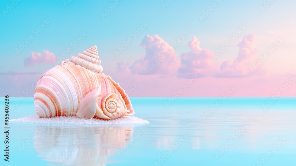 A serene coastal scene featuring a beautiful seashell resting on tranquil water, reflecting soft pastel hues of the sky. A serene coastal scene featuring a beautiful seashell resting on tranquil water, reflecting soft pastel hues of the sky.