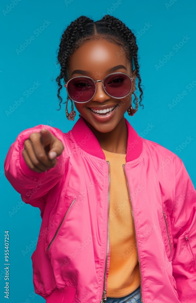 A cheerful young African American woman in a pink jacket and sunglasses, pointing at the camera A cheerful young African American woman in a pink jacket and sunglasses, pointing at the camera