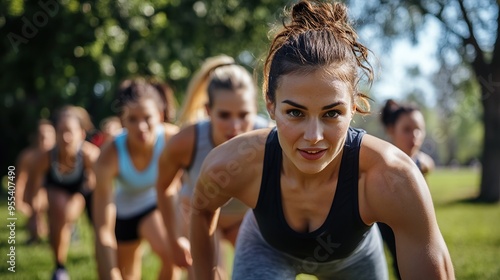 A group of people participating in a bootcamp training session in a park, with everyone working out together.