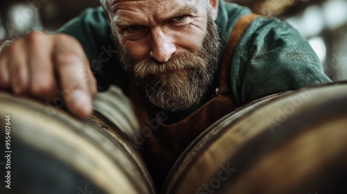 A person is leaning between large barrels in a cellar, likely inspecting or maintaining them. The scene depicts dedication to craftsmanship and quality in storage practices. photo